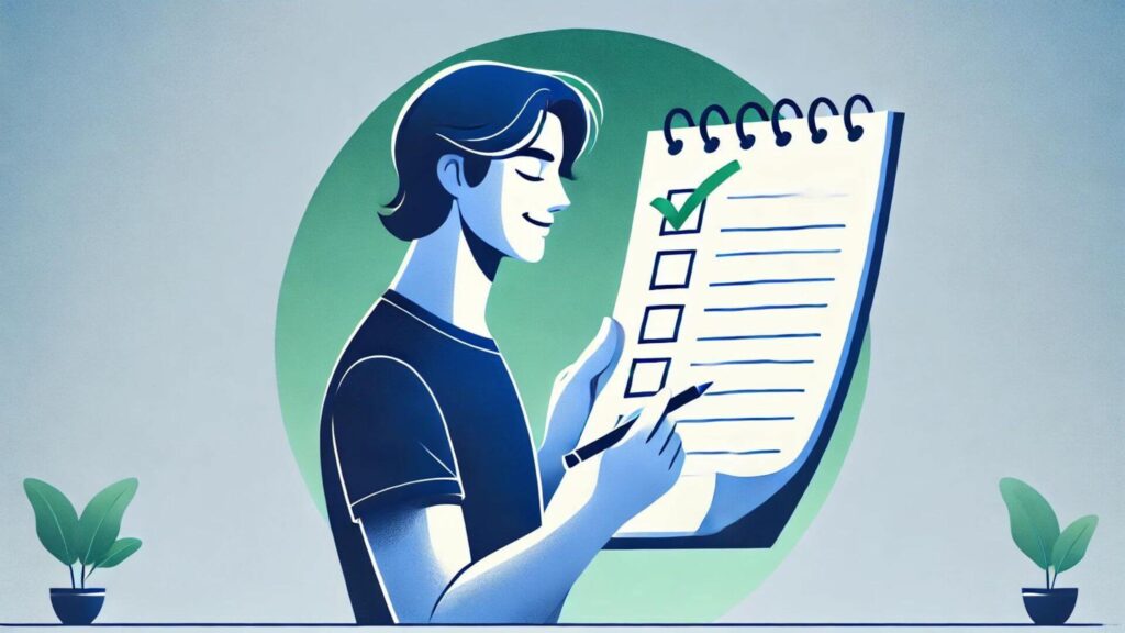 Illustration of a person checking off completed tasks on a list or calendar, symbolizing the achievement of goals.