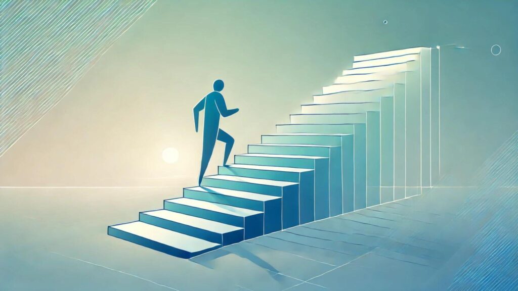 Illustration of a person ascending a staircase, symbolizing the building of consistent habits and progress.