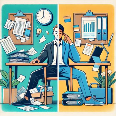 comparison-working-with-without-accountability Split-screen illustration showing the difference between working with and without accountability, comparing a cluttered desk with a stressed individual to an organized workspace with a confident, focused person.