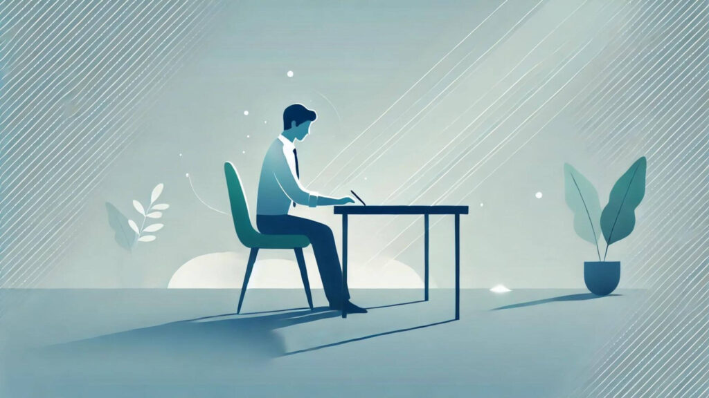 Minimalist illustration of a person sitting calmly at a desk, focused on work, with light rays symbolizing clarity.
