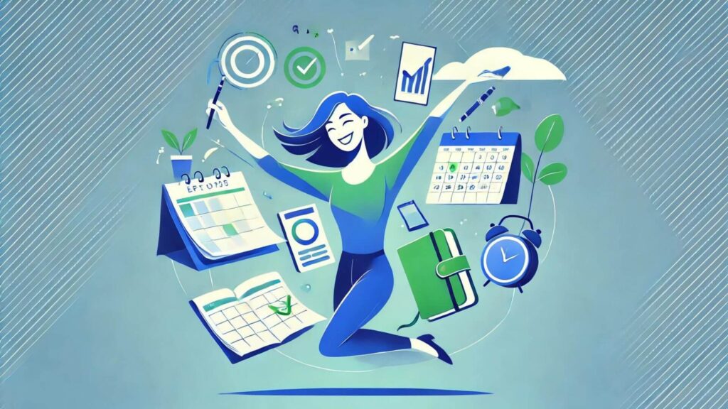 Illustration of a person joyfully using productivity tools, symbolizing increased productivity and happiness.