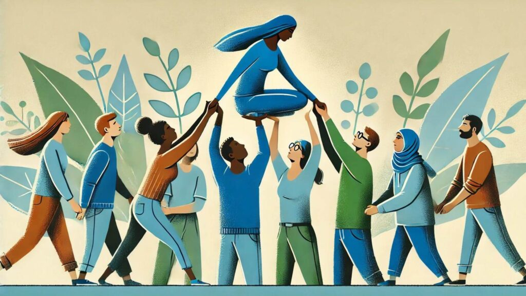 Full Focus Planner Accountability Community group session. Illustration of a group of people supporting each other, symbolizing accountability and success through teamwork.